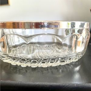 Vintage style glass serving bowl with silver plate trim! Gorgeous table accent